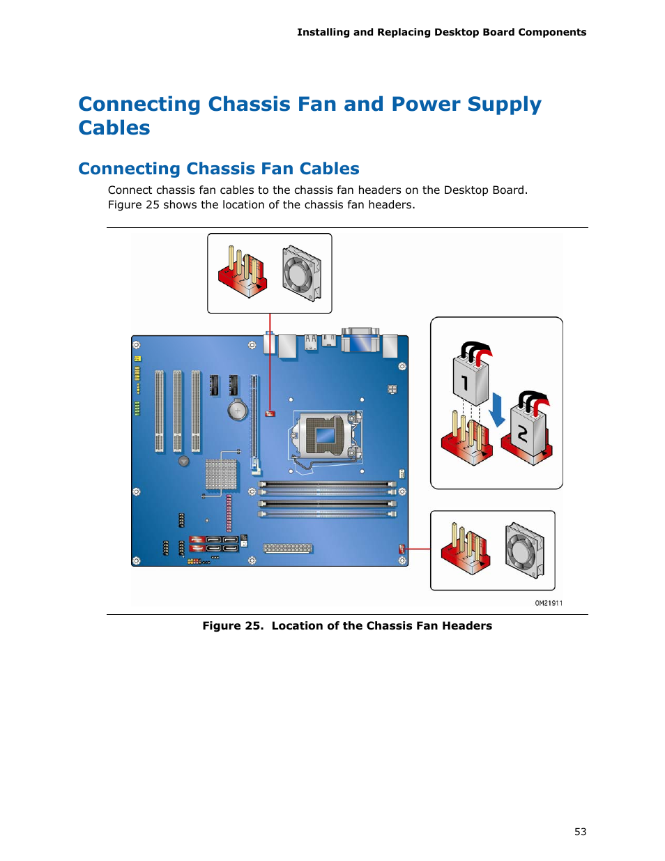 Connecting chassis fan and power supply cables, Connecting chassis fan cables | Intel DH55HC User Manual | Page 53 / 82