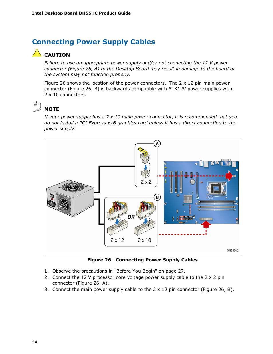 Connecting power supply cables | Intel DH55HC User Manual | Page 54 / 82