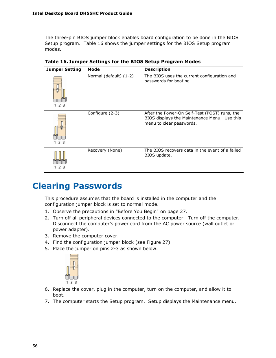 Clearing passwords | Intel DH55HC User Manual | Page 56 / 82