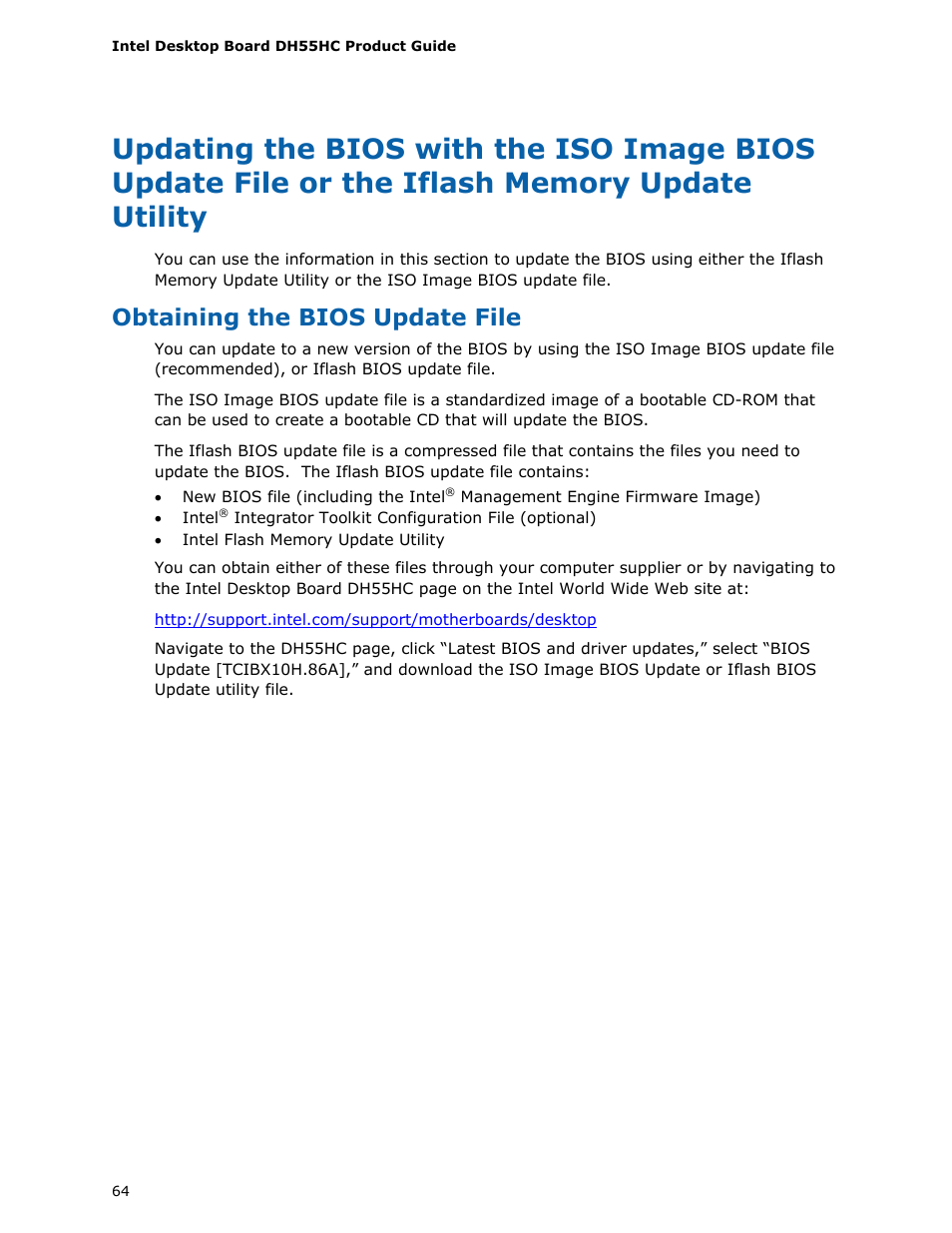 Obtaining the bios update file | Intel DH55HC User Manual | Page 64 / 82