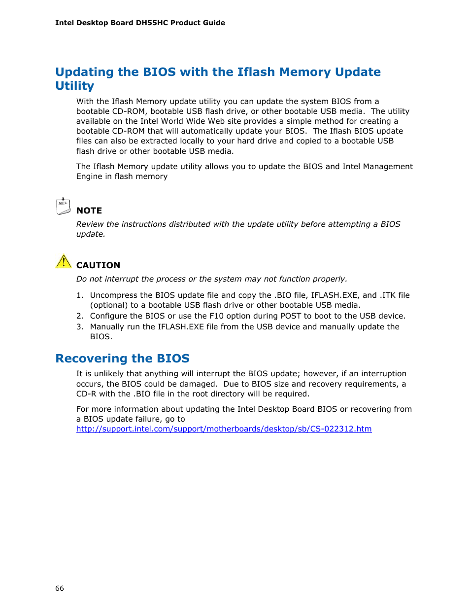 Recovering the bios | Intel DH55HC User Manual | Page 66 / 82