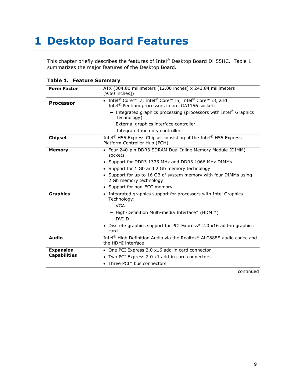 1 desktop board features | Intel DH55HC User Manual | Page 9 / 82