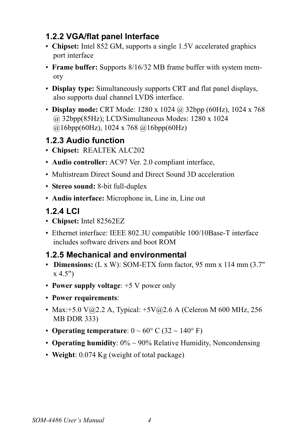 2 vga/flat panel interface, 3 audio function, 4 lci | 5 mechanical and environmental, Vga/flat panel interface, Audio function, Mechanical and environmental | Intel SOM-4486 User Manual | Page 10 / 50