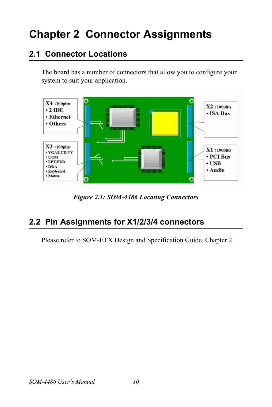 Chapter 2 connector assignments, 1 connector locations, Figure 2.1: som-4486 locating connectors | 2 pin assignments for x1/2/3/4 connectors, Chapter, 2 connector assignments, Connector locations, Figure 2.1:som-4486 locating connectors, Pin assignments for x1/2/3/4 connectors | Intel SOM-4486 User Manual | Page 16 / 50