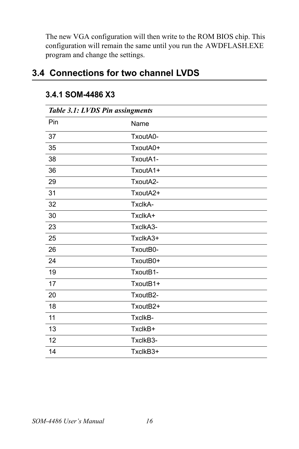 4 connections for two channel lvds, 1 som-4486 x3, Connections for two channel lvds | Som-4486 x3 | Intel SOM-4486 User Manual | Page 22 / 50