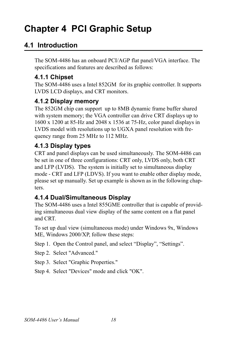 Chapter 4 pci graphic setup, 1 introduction, 1 chipset | 2 display memory, 3 display types, 4 dual/simultaneous display, Chapter, 4 pci graphic setup, Introduction, Chipset | Intel SOM-4486 User Manual | Page 24 / 50