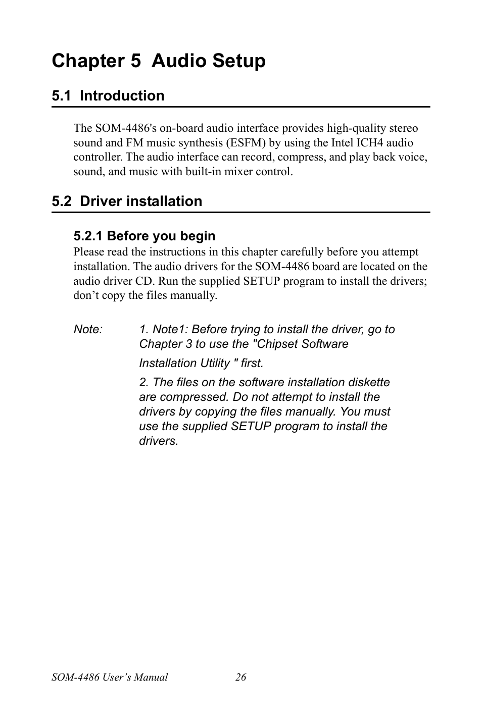 Chapter 5 audio setup, 1 introduction, 2 driver installation | 1 before you begin, Chapter, 5 audio setup, Introduction, Driver installation, Before you begin | Intel SOM-4486 User Manual | Page 32 / 50
