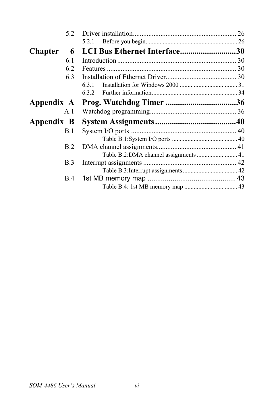Chapter 6 lci bus ethernet interface, Appendix a prog. watchdog timer, Appendix b system assignments | Intel SOM-4486 User Manual | Page 6 / 50