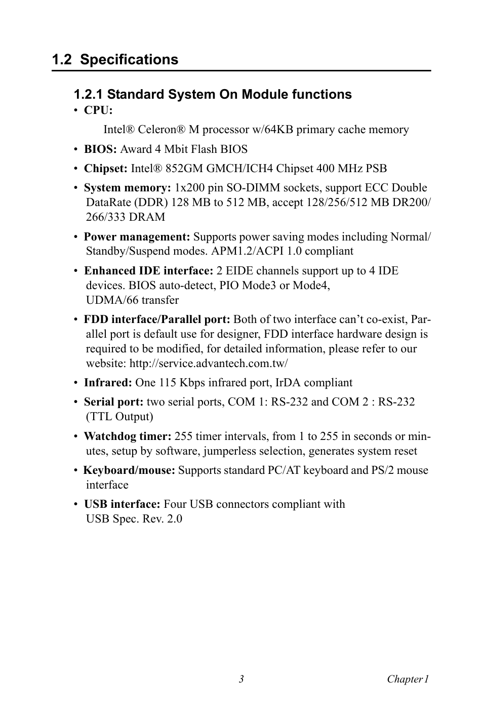 2 specifications, 1 standard system on module functions, Specifications | Standard system on module functions | Intel SOM-4486 User Manual | Page 9 / 50