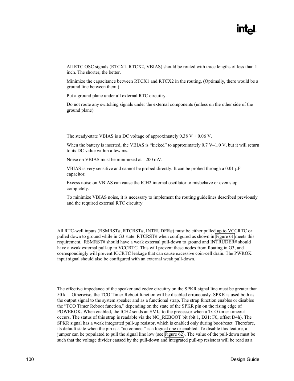 Rtc routing guidelines, Vbias dc voltage and noise measurements, Rtc-well input strap requirements | Spkr pin consideration | Intel CHIPSET 820E User Manual | Page 100 / 239