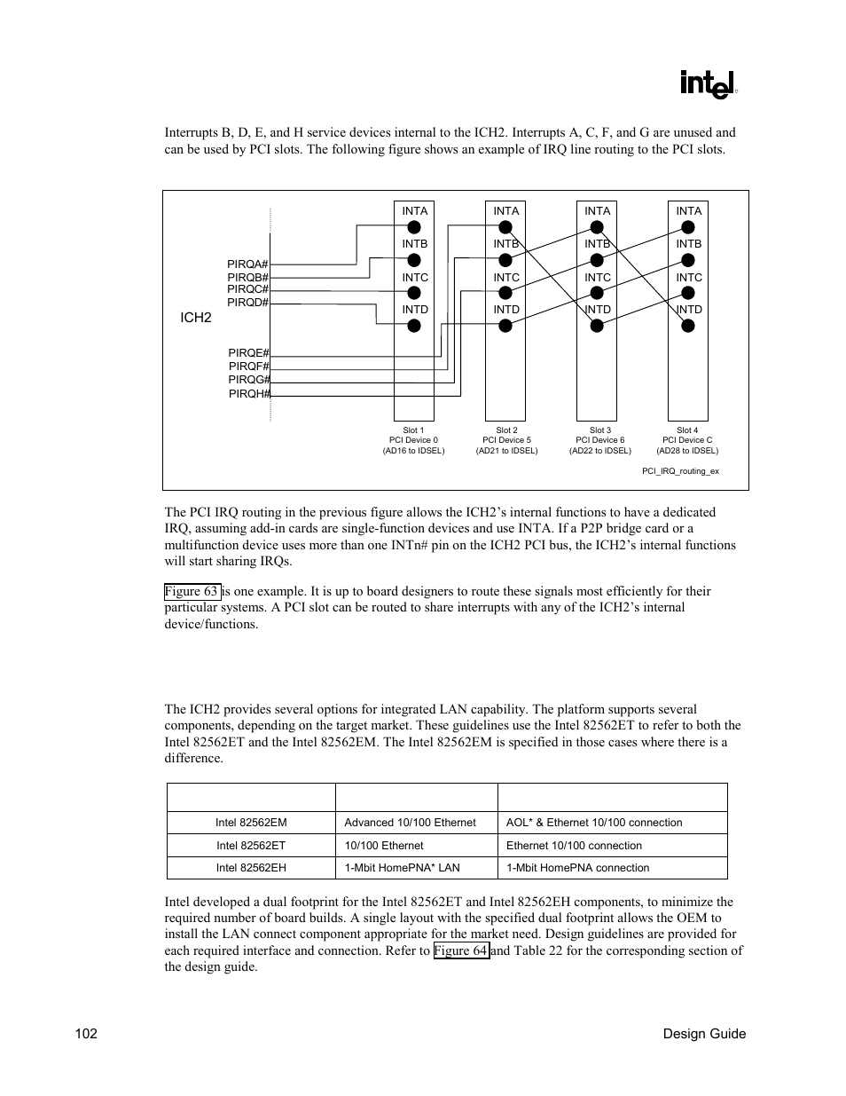 Lan layout guidelines, Figure 63. example pci irq routing | Intel CHIPSET 820E User Manual | Page 102 / 239
