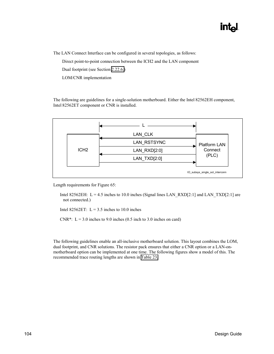 Bus topologies, Point-to-point interconnect, Lom/cnr interconnect | Figure 65. single-solution interconnect | Intel CHIPSET 820E User Manual | Page 104 / 239