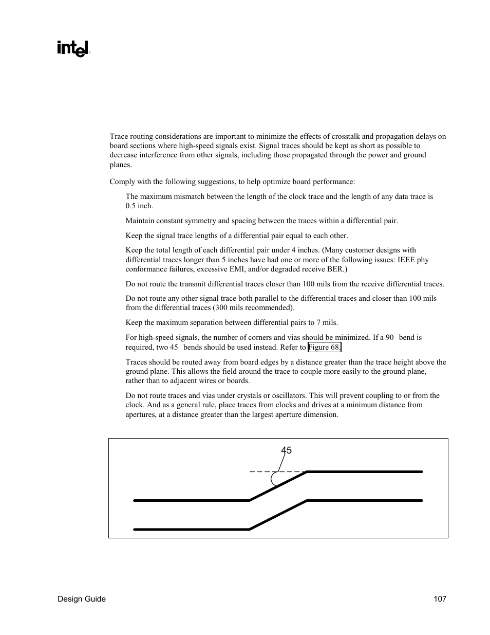 General lan routing guidelines and considerations, General trace routing considerations, Figure 68. trace routing | Intel CHIPSET 820E User Manual | Page 107 / 239