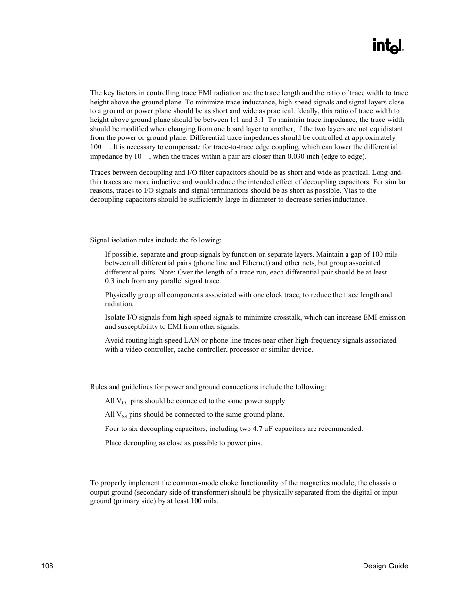 Trace geometry and length, Signal isolation, Power and ground connections | General power and ground plane considerations | Intel CHIPSET 820E User Manual | Page 108 / 239
