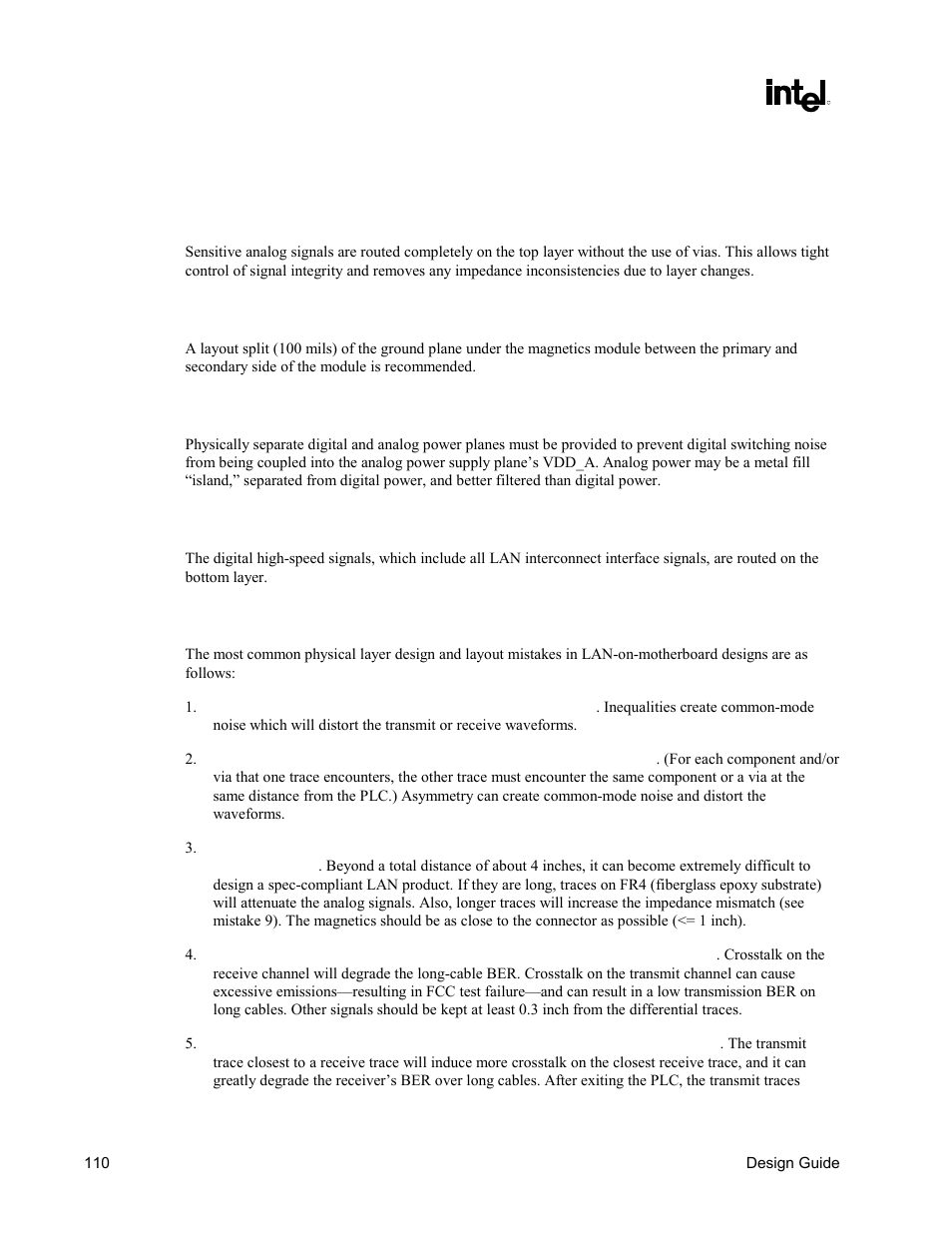 Layer board design, Top-layer routing, Ground plane | Power plane, Bottom layer routing, Common physical layout issues | Intel CHIPSET 820E User Manual | Page 110 / 239