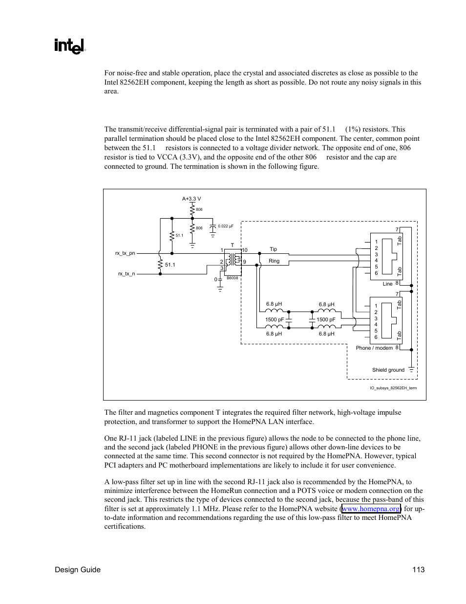 Phoneline hpna termination, Figure 70. intel, 82562eh component termination | Intel CHIPSET 820E User Manual | Page 113 / 239
