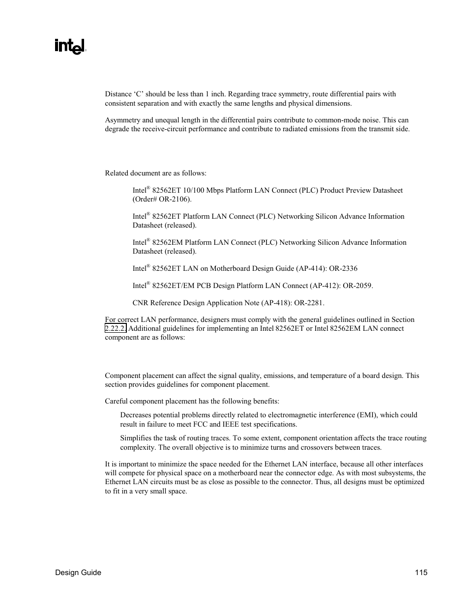 Distance from lpf to phone rj11, Intel, 82562et / intel | 82562em component guidelines, Placement | Intel CHIPSET 820E User Manual | Page 115 / 239