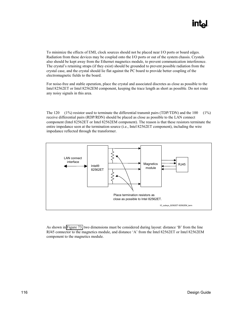 Crystals and oscillators, Critical dimensions, Resistors | Figure 72. intel, 82562et/82562em component termination, Intel | Intel CHIPSET 820E User Manual | Page 116 / 239
