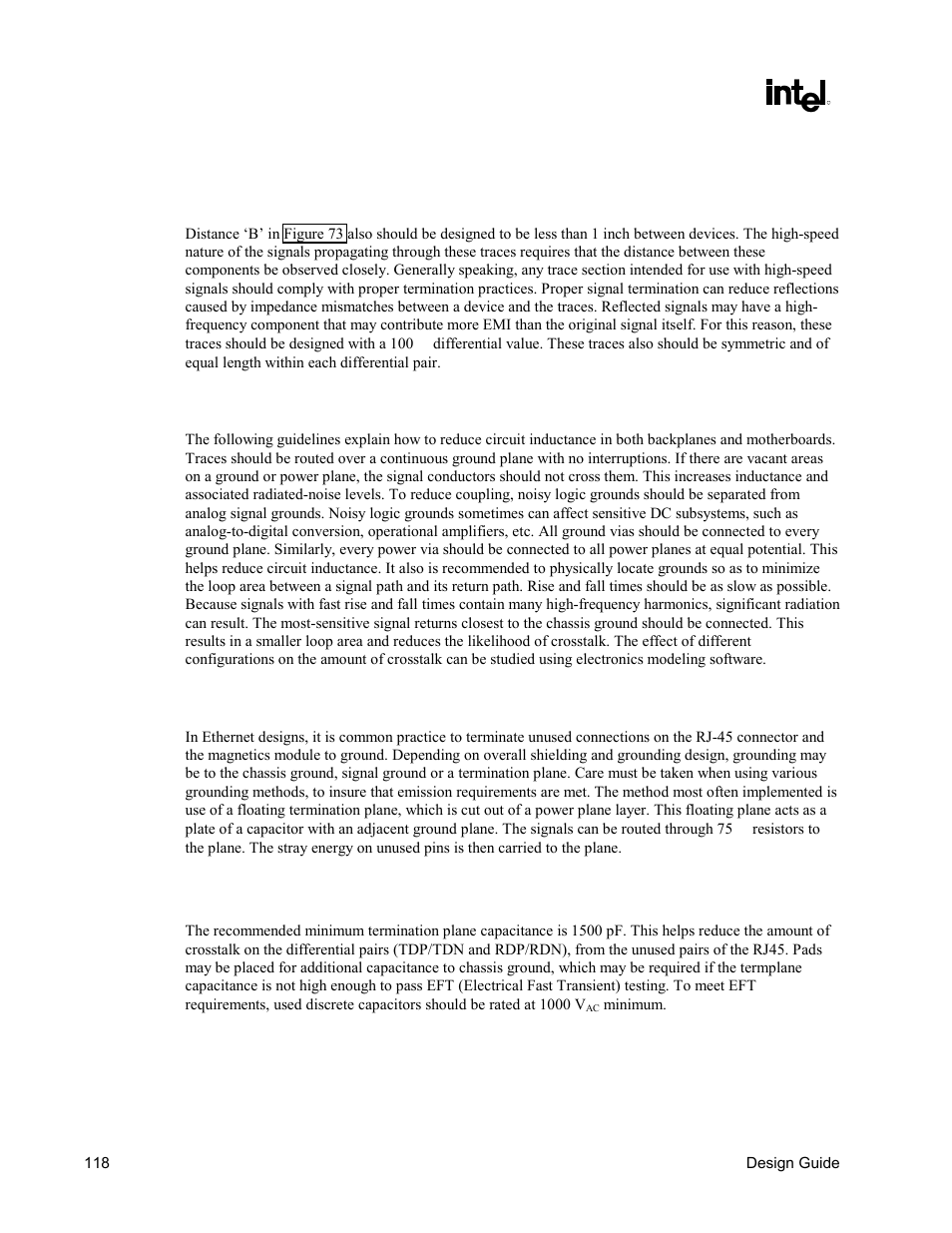 Reducing circuit inductance, Terminating unused connections, Termination plane capacitance | Magnetics module | Intel CHIPSET 820E User Manual | Page 118 / 239
