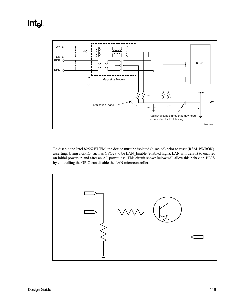 Intel® 82562et/em disable guidelines, Intel, 82562et/em disable guidelines | Figure 74. termination plane, Figure 75. intel, 82562et/em disable circuit, Lan disable circuit | Intel CHIPSET 820E User Manual | Page 119 / 239