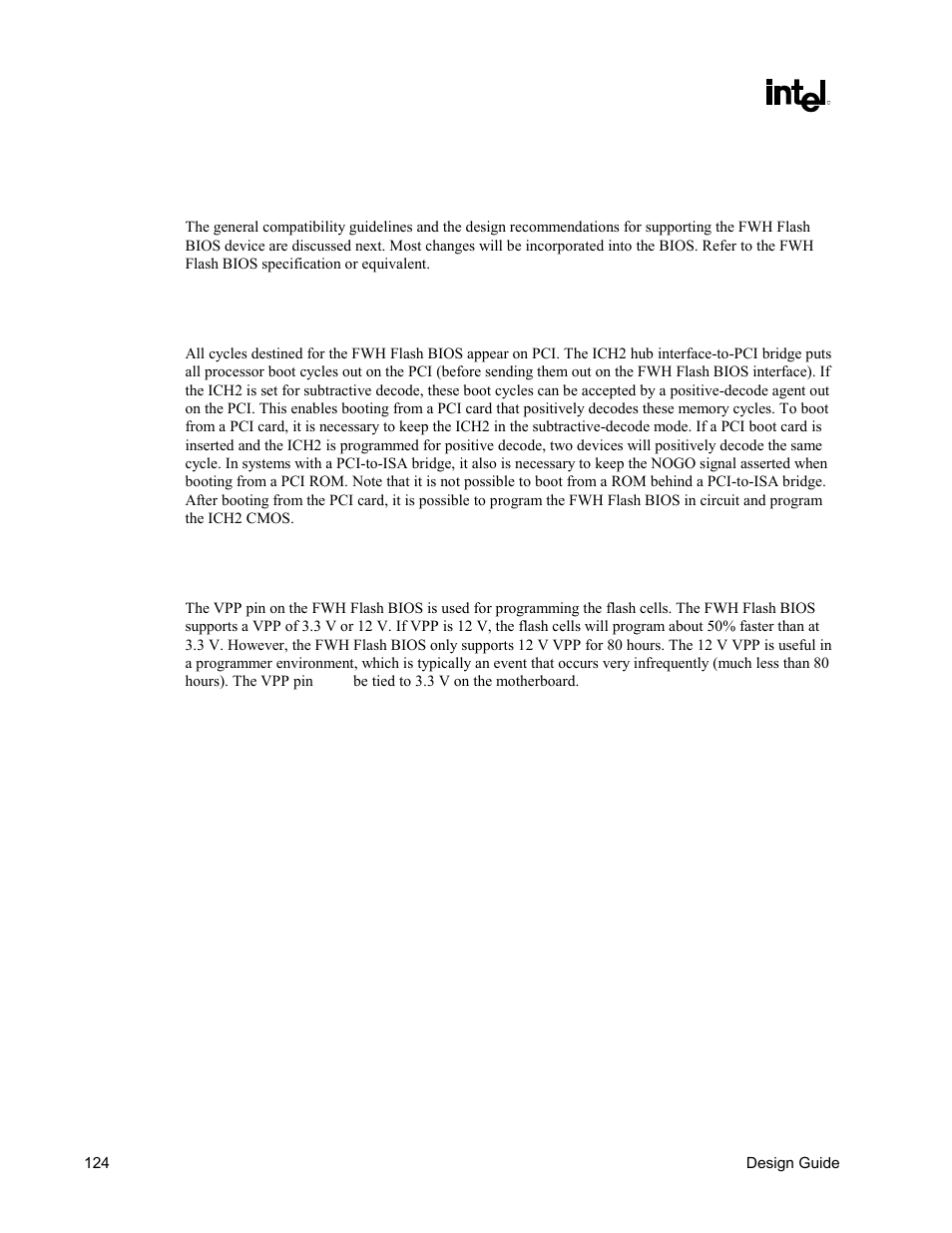 Fwh flash bios guidelines, In-circuit fwh flash bios programming, Fwh flash bios vpp design guidelines | Intel CHIPSET 820E User Manual | Page 124 / 239