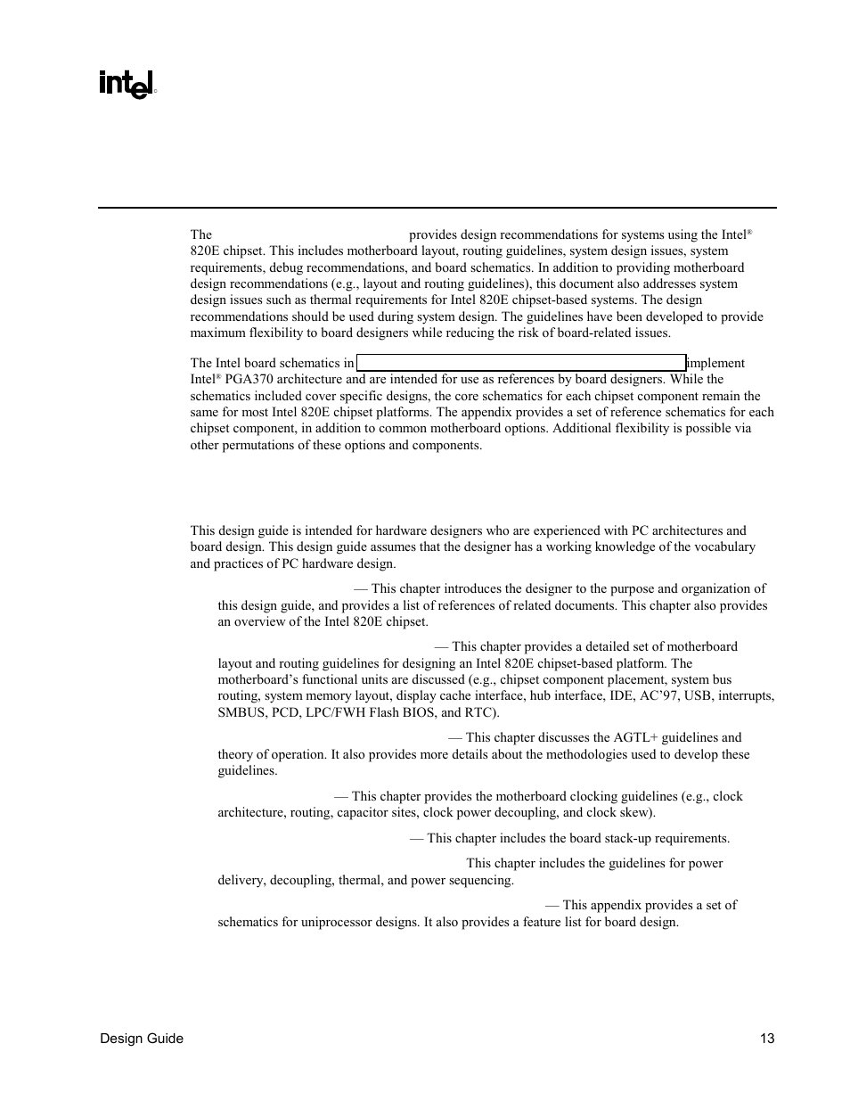 Introduction, About this design guide | Intel CHIPSET 820E User Manual | Page 13 / 239