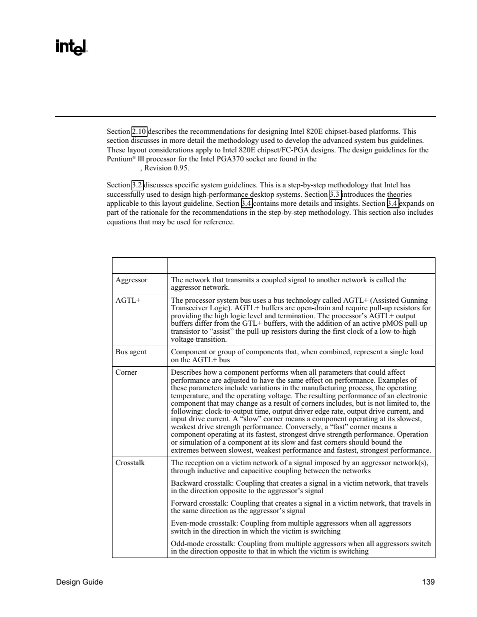 Advanced system bus design, Terminology and definitions | Intel CHIPSET 820E User Manual | Page 139 / 239