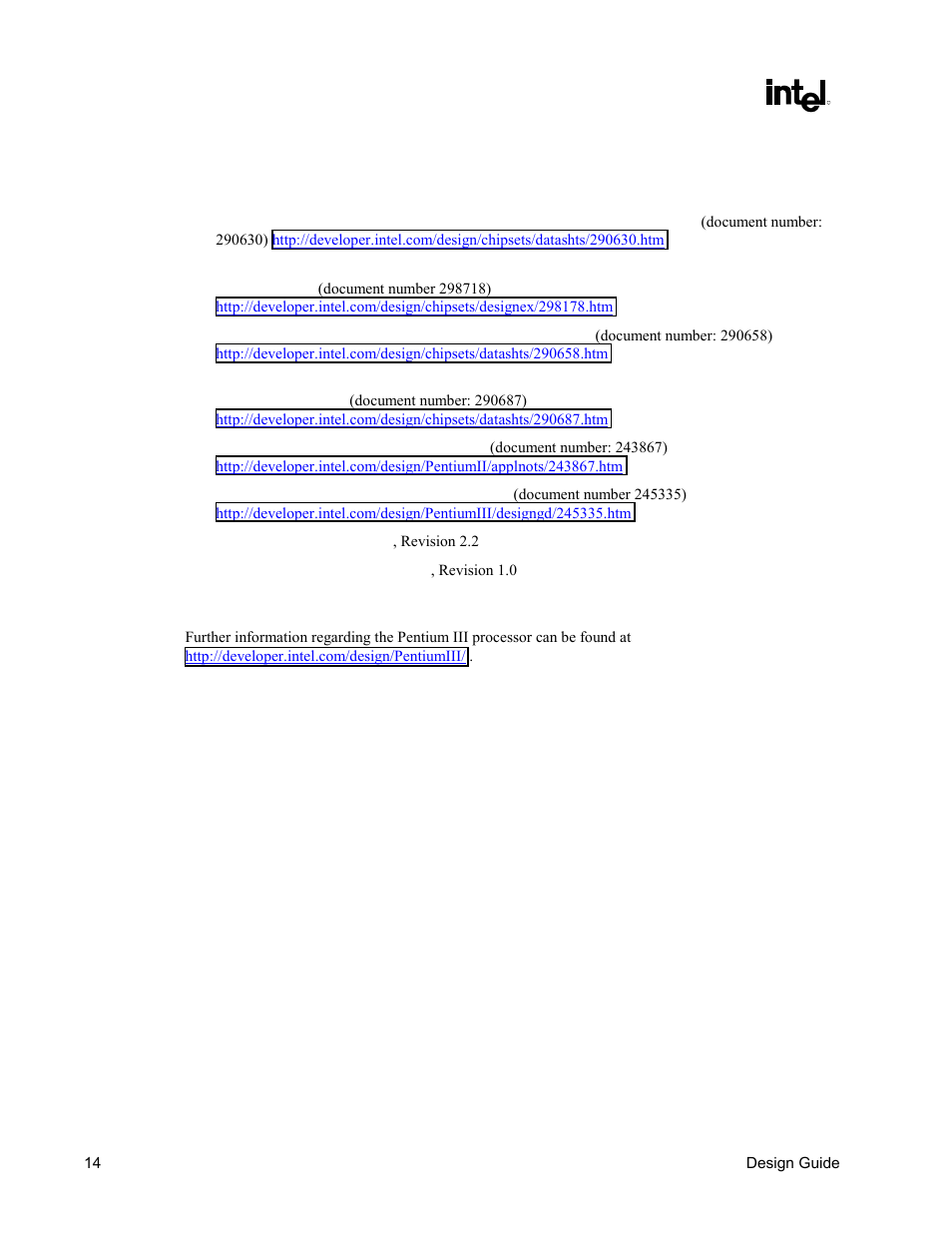 Reference documents | Intel CHIPSET 820E User Manual | Page 14 / 239