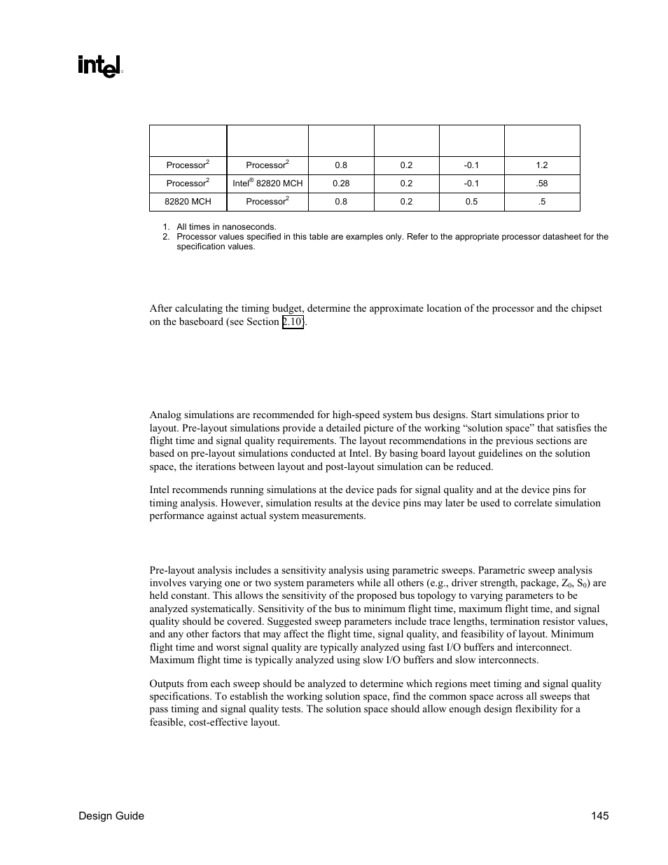 Pre-layout simulation, Methodology, Sensitivity analysis | Table 53. example t, Flt_min, Calculations, Frequency independent), Table 53 co | Intel CHIPSET 820E User Manual | Page 145 / 239