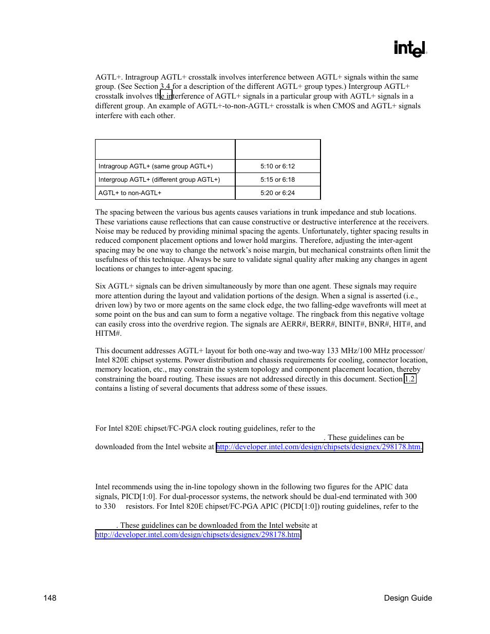 Host clock routing, Apic data bus routing, Table 54. trace width space guidelines | Intel CHIPSET 820E User Manual | Page 148 / 239