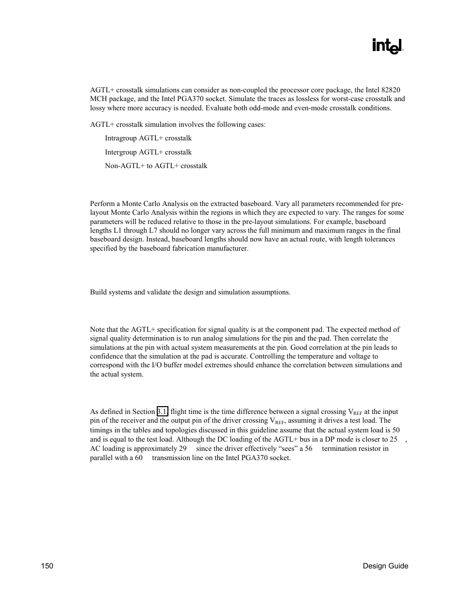 Crosstalk analysis, Monte carlo analysis, Validation | Measurements, Flight time simulation | Intel CHIPSET 820E User Manual | Page 150 / 239