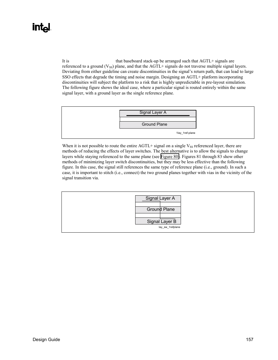 Reference planes and pcb stack-up, Figure 80. layer switch with one reference plane | Intel CHIPSET 820E User Manual | Page 157 / 239