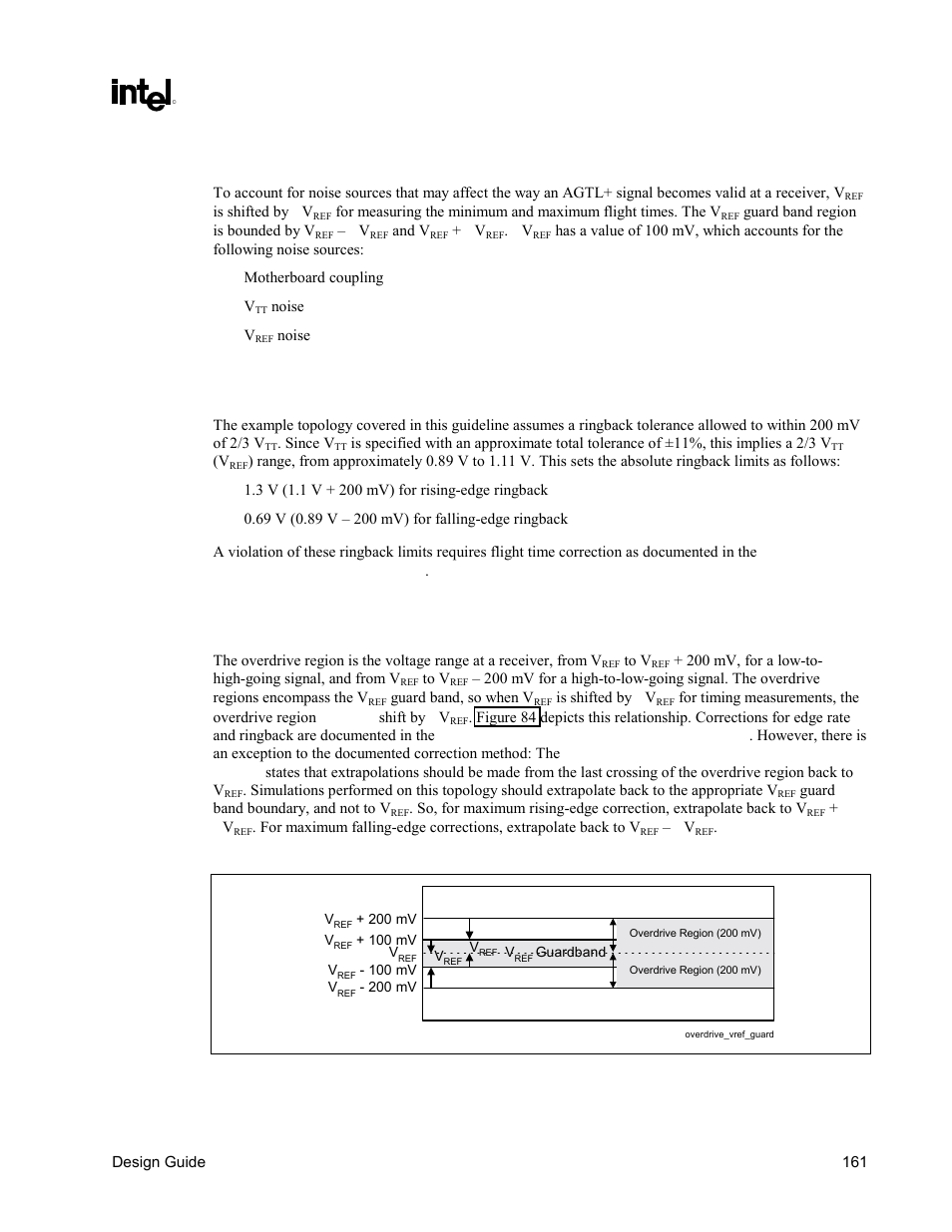 Vref guard band, Ringback levels, Overdrive region | Guard band, Figure 84. overdrive region and v | Intel CHIPSET 820E User Manual | Page 161 / 239
