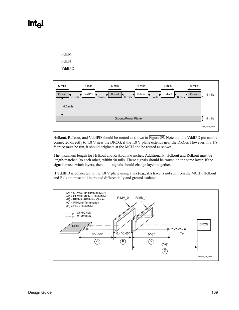 Mch to drcg, Figure 89. mch-to-drcg routing diagram, Figure 90. direct rdram* clock routing dimensions | Intel CHIPSET 820E User Manual | Page 169 / 239