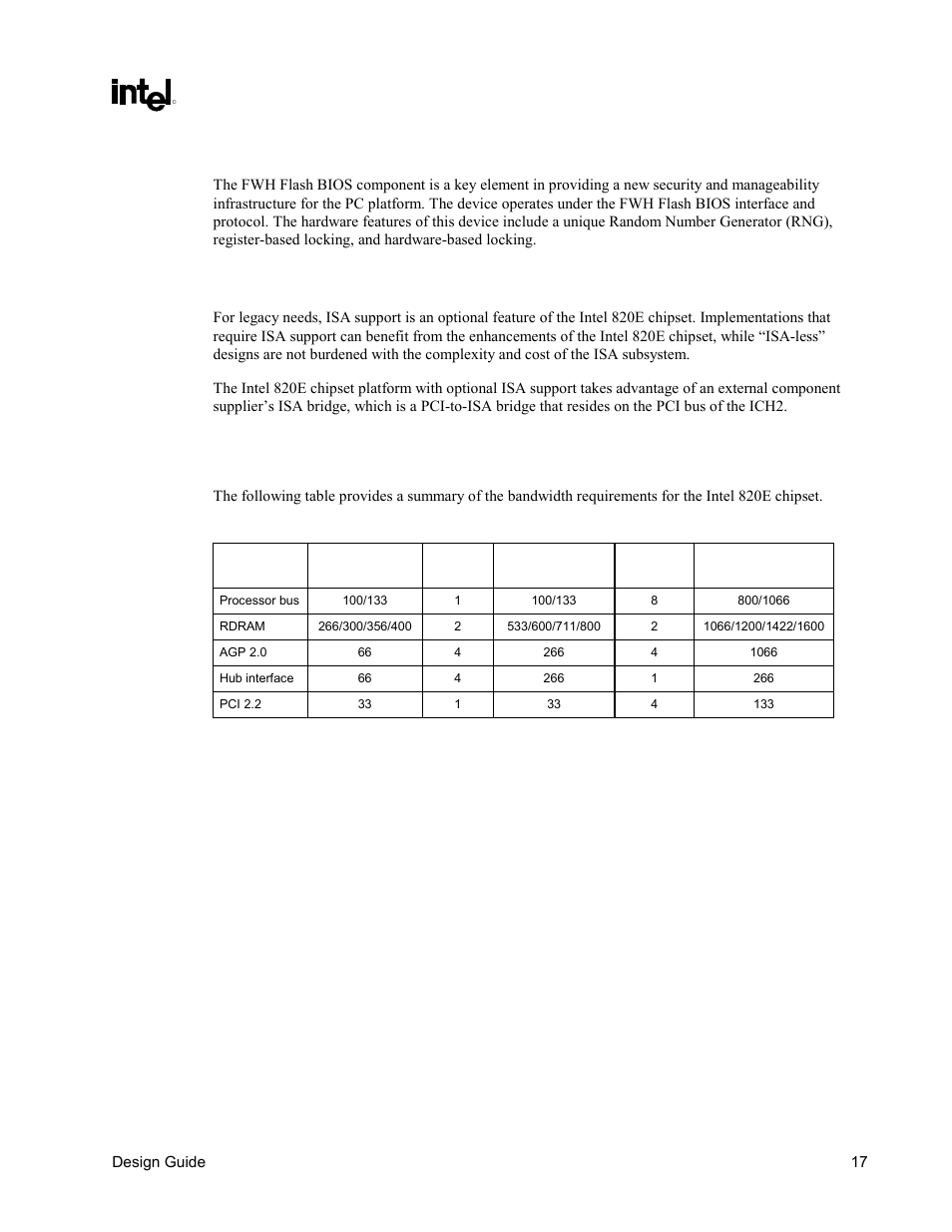 Bandwidth summary, Table 1. intel, 820e chipset platform bandwidth summary | Fwh flash bios, Isa bridge | Intel CHIPSET 820E User Manual | Page 17 / 239