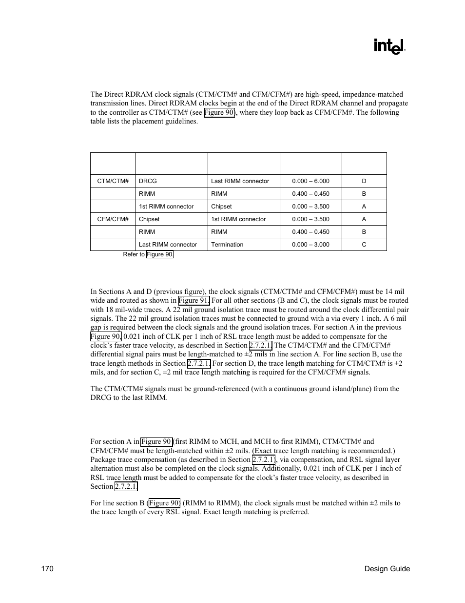 Drcg-to-rdram channel, Trace length, Clock routing length guidelines) | Trace geometry | Intel CHIPSET 820E User Manual | Page 170 / 239