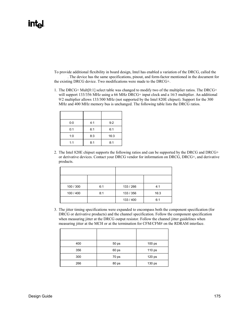 Drcg frequency selection and the drcg | Intel CHIPSET 820E User Manual | Page 175 / 239