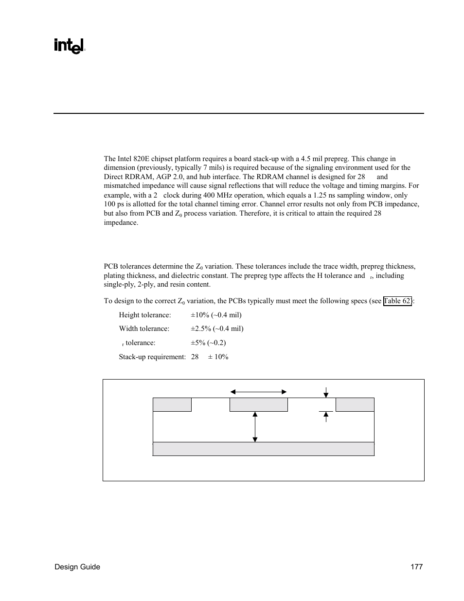 System manufacturing, Stack-up requirement, Pcb materials | Figure 97. 28, Trace geometry | Intel CHIPSET 820E User Manual | Page 177 / 239
