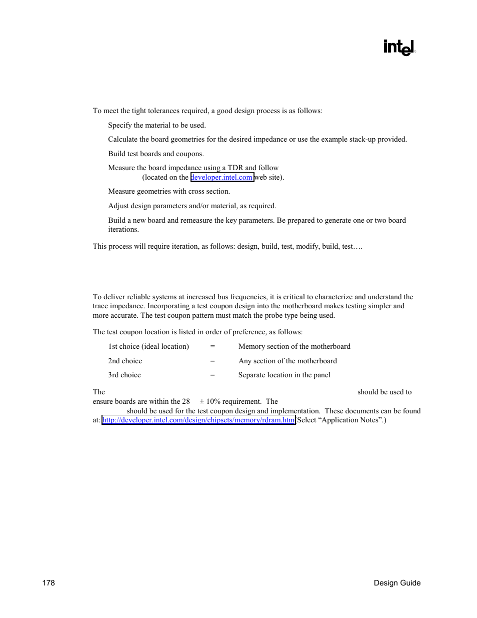 Design process, Test coupon design guidelines | Intel CHIPSET 820E User Manual | Page 178 / 239