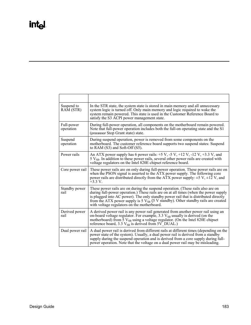 System design considerations, Power delivery, Terminology and definitions | Intel CHIPSET 820E User Manual | Page 183 / 239