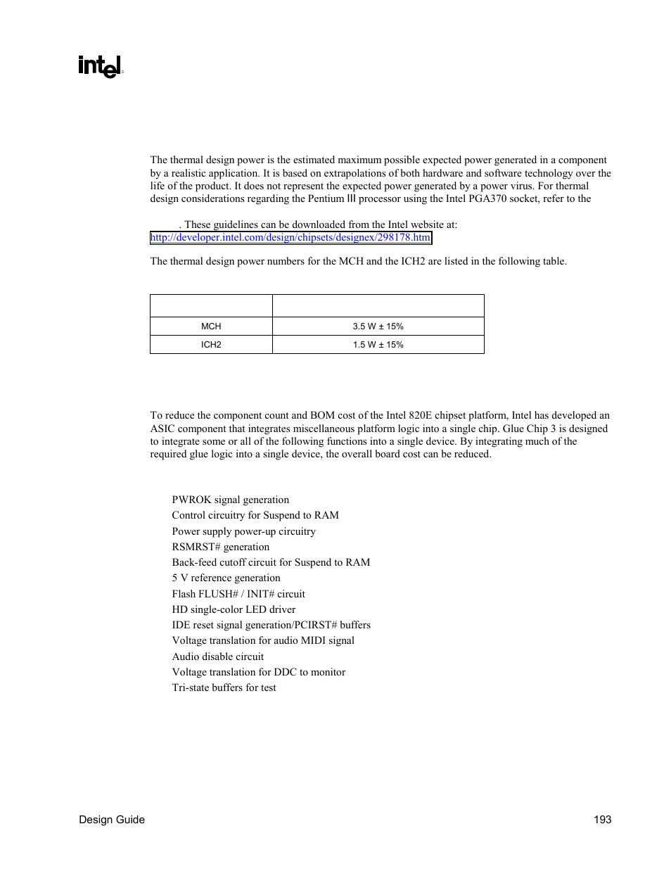 Thermal design power, Glue chip 3 (intel® 820e chipset glue chip), Glue chip 3 (intel | 820e chipset glue chip), Table 63. intel, 820e chipset component thermal design power | Intel CHIPSET 820E User Manual | Page 193 / 239