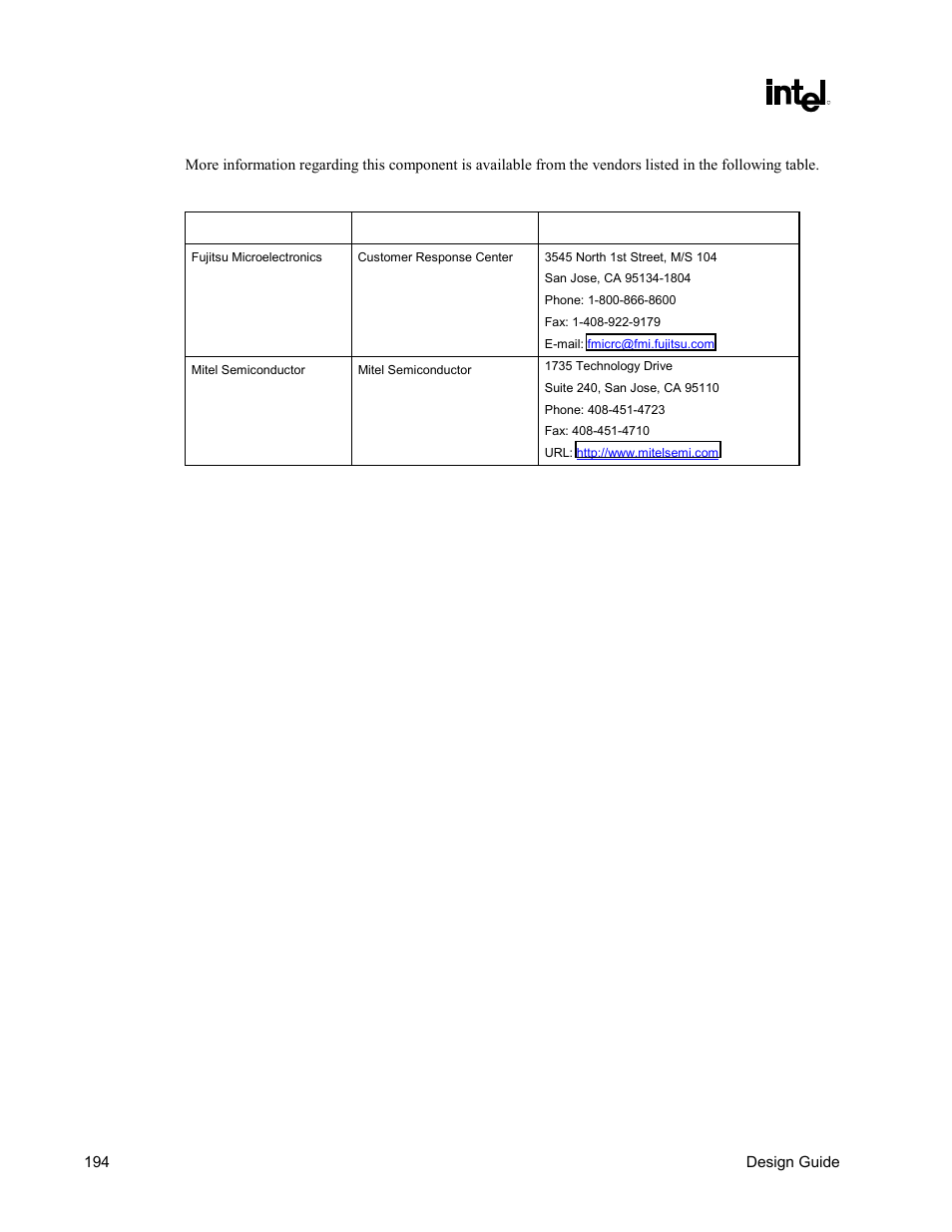 Table 64. glue chip vendors | Intel CHIPSET 820E User Manual | Page 194 / 239