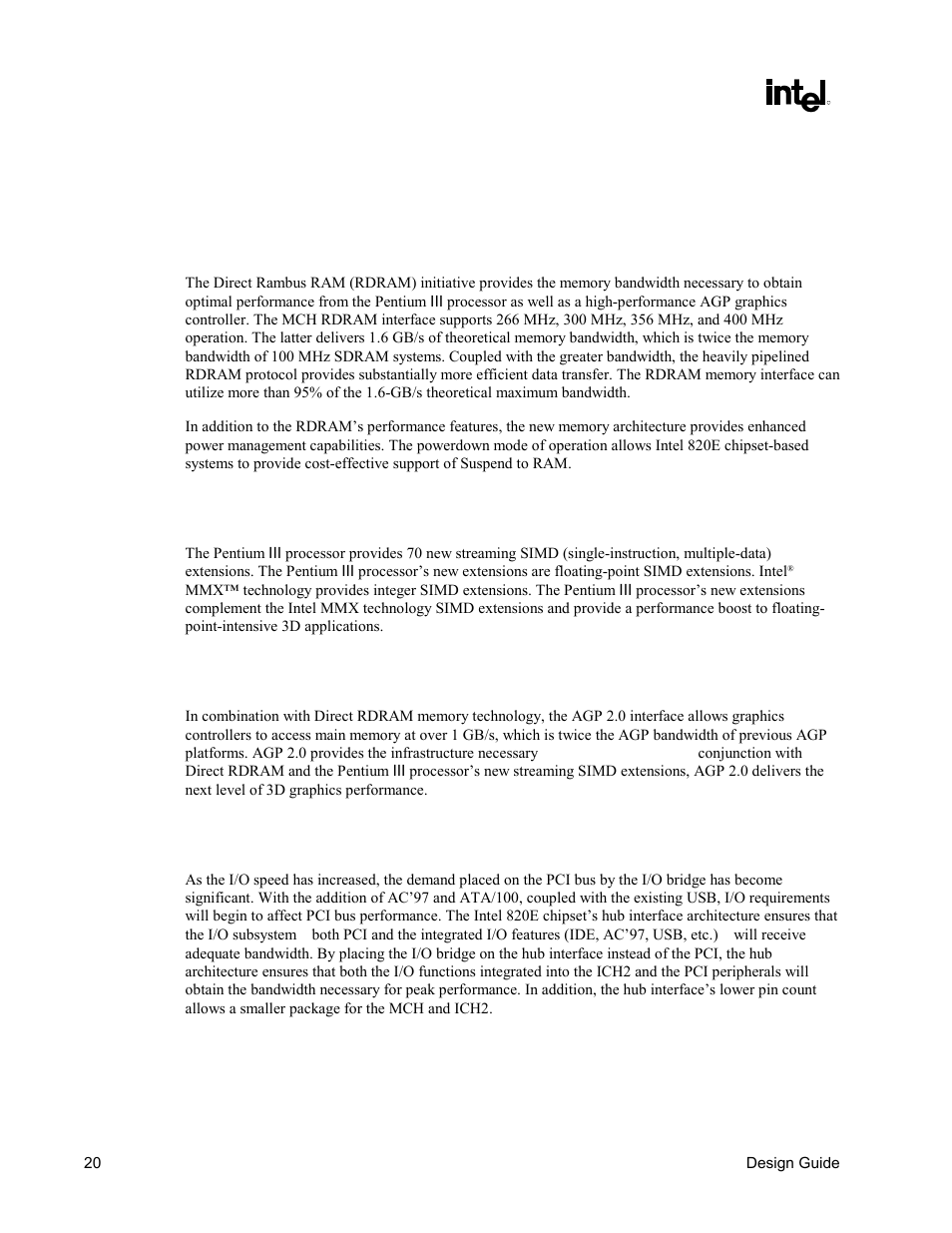 Platform initiatives, Direct rambus ram (rdram*), Streaming simd extensions | Agp 2.0, Hub interface | Intel CHIPSET 820E User Manual | Page 20 / 239