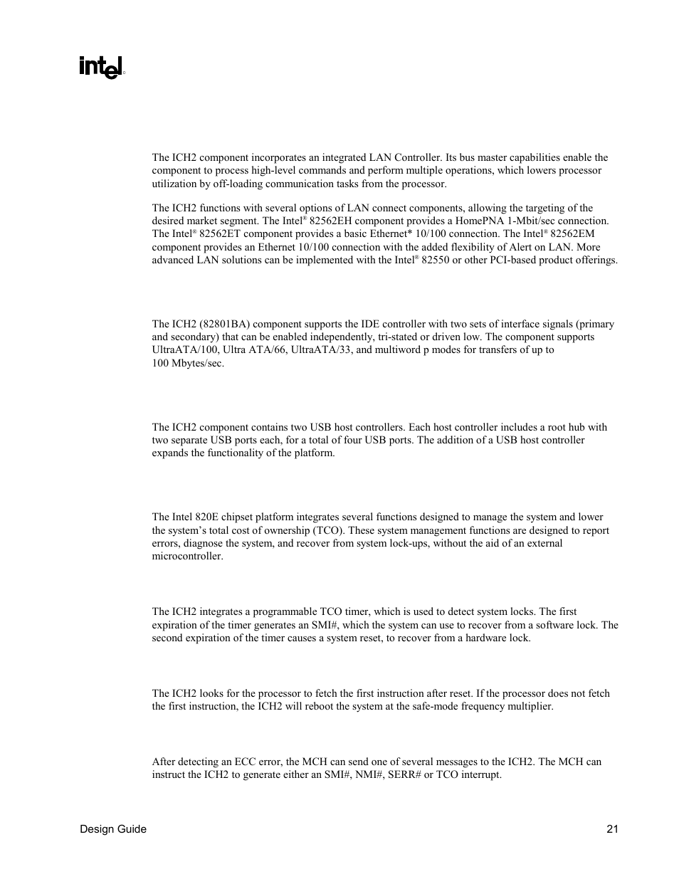 Integrated lan controller, Ultra ata/100 support, Expanded usb support | Manageability | Intel CHIPSET 820E User Manual | Page 21 / 239