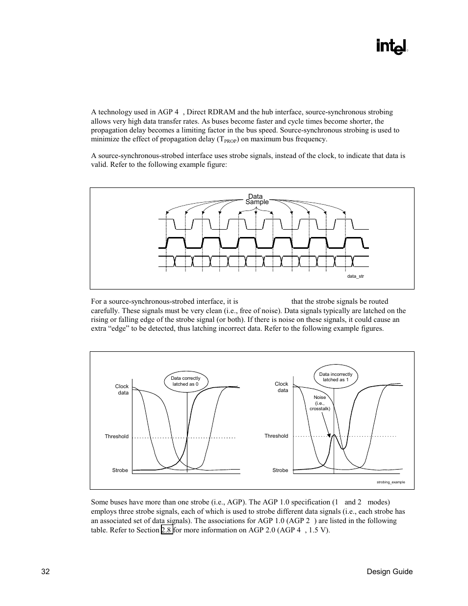 Source-synchronous strobing, Figure 10. data strobing example, Figure 11. effect of crosstalk on strobe signal | Intel CHIPSET 820E User Manual | Page 32 / 239