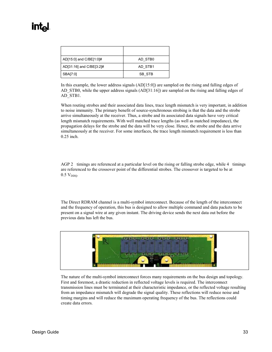 Differential clocking/strobing, Direct rdram* interface, Figure 12. rimm diagram | Table 2. agp 2× data/strobe association | Intel CHIPSET 820E User Manual | Page 33 / 239