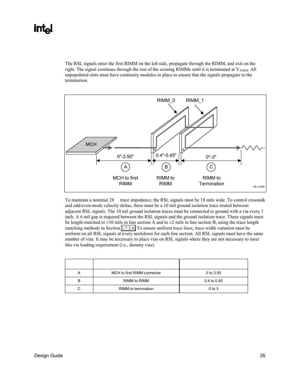 Rsl routing, Figure 13. rsl routing dimensions | Intel CHIPSET 820E User Manual | Page 35 / 239