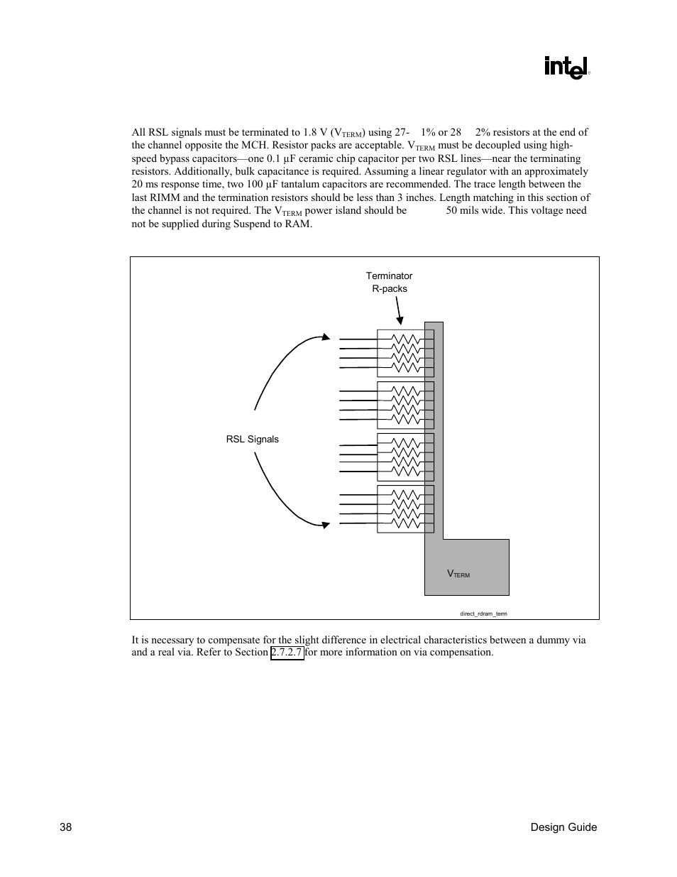 Rsl termination, Figure 17. direct rdram termination | Intel CHIPSET 820E User Manual | Page 38 / 239