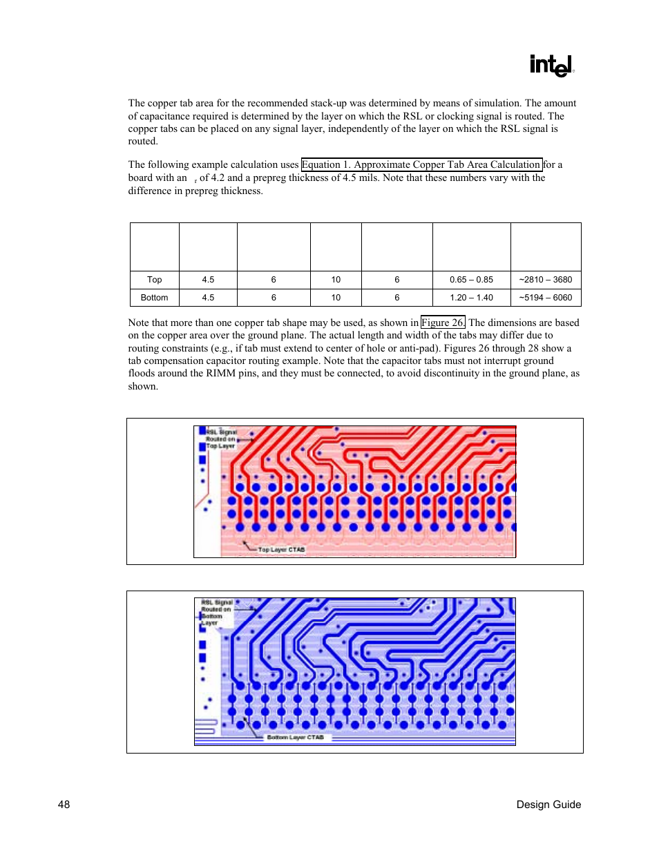 8 pf), 35 pf), Table 6. copper tab area calculation | Intel CHIPSET 820E User Manual | Page 48 / 239