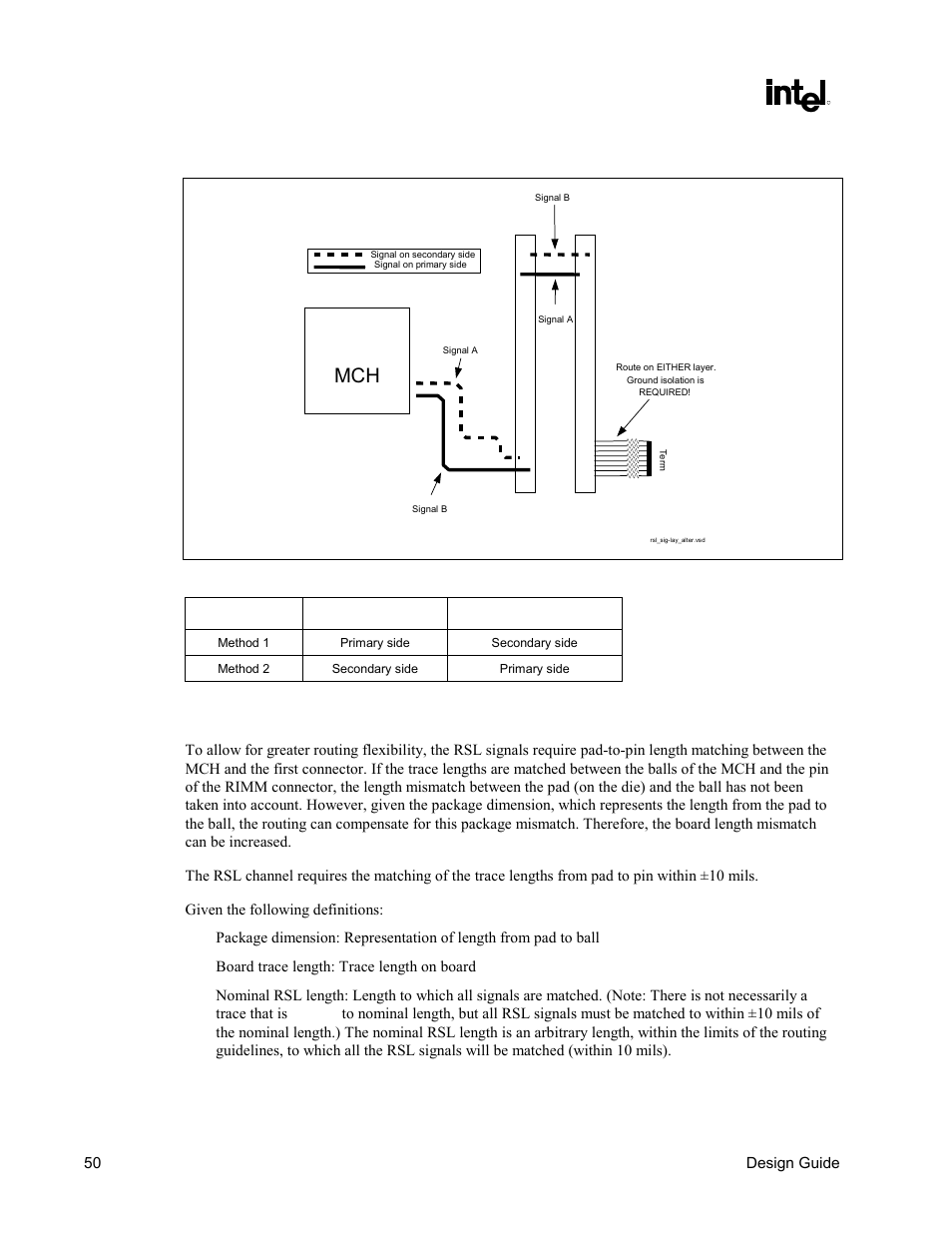 Length matching methods, Figure 29. rsl signal layer alternation, Table 7. rsl routing layer requirements | Intel CHIPSET 820E User Manual | Page 50 / 239